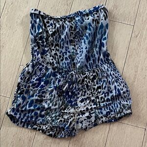 Full Tilt Blue & White Animal-Print Strapless Romper Shorts